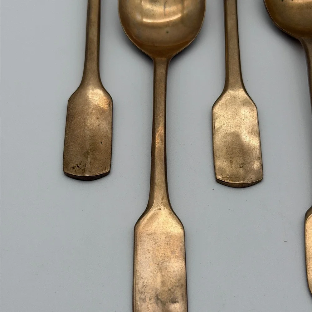 Vintage Bronze Brass Spoons Set of 5 Mid Century Modern Fiddle Handle Gold Tone